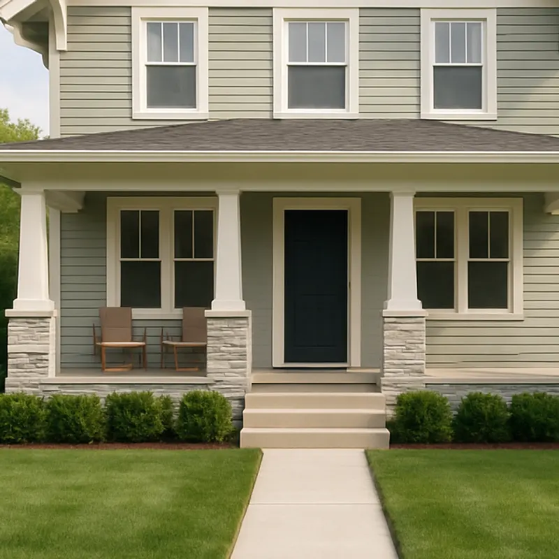 The covered porch and dark front door of the same grey-green Craftsman house, with two chairs, white columns on stone bases and low shrubs along the front