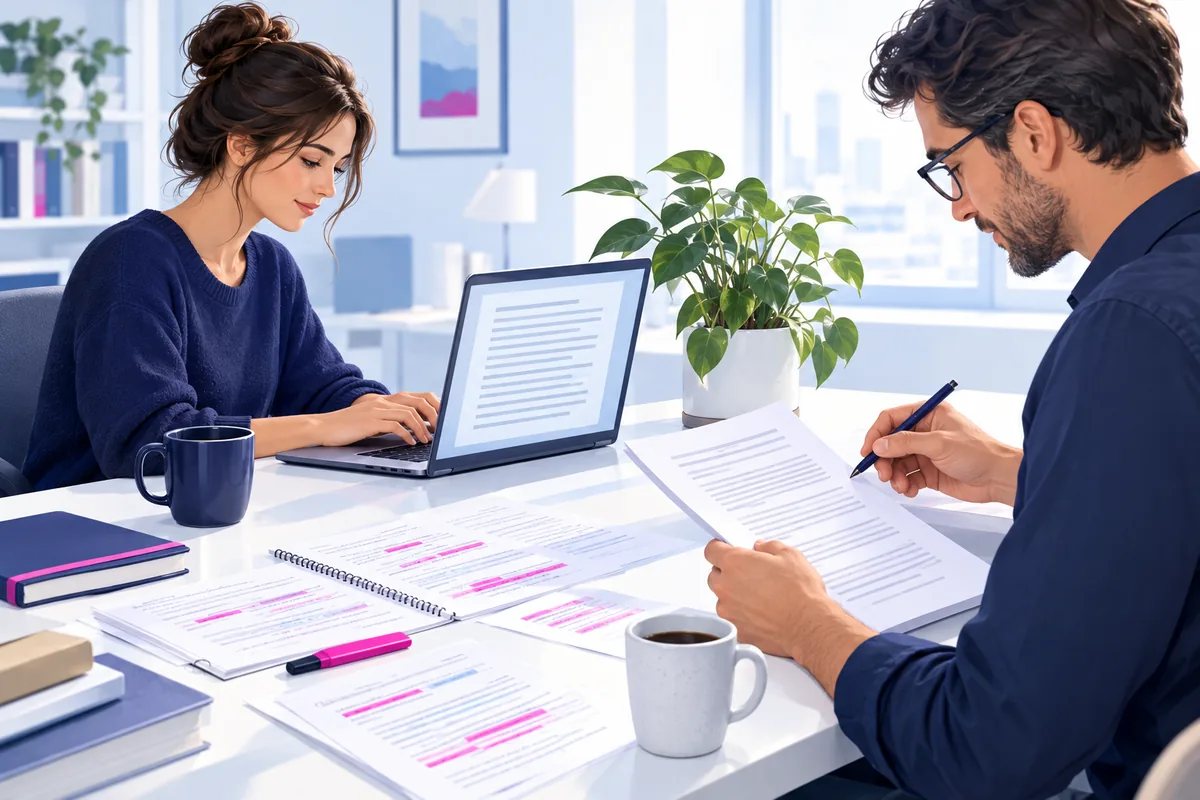 A writer at a bright desk with a laptop and marked-up research notes, while a colleague reviews a printed draft with a pen
