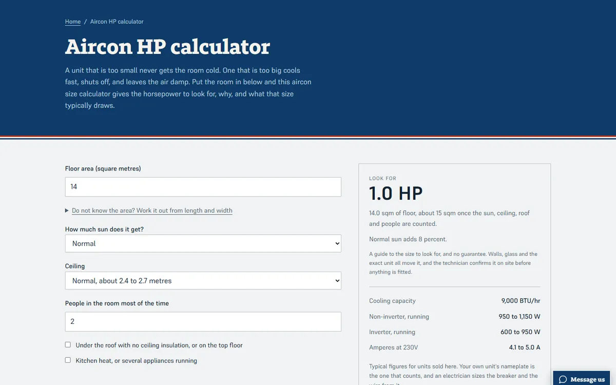 The aircon size calculator page: a navy band with the title and a short introduction, then form fields for floor area, sun, ceiling height and people on the left, and a result card reading 1.0 HP with its cooling capacity and wattage on the right