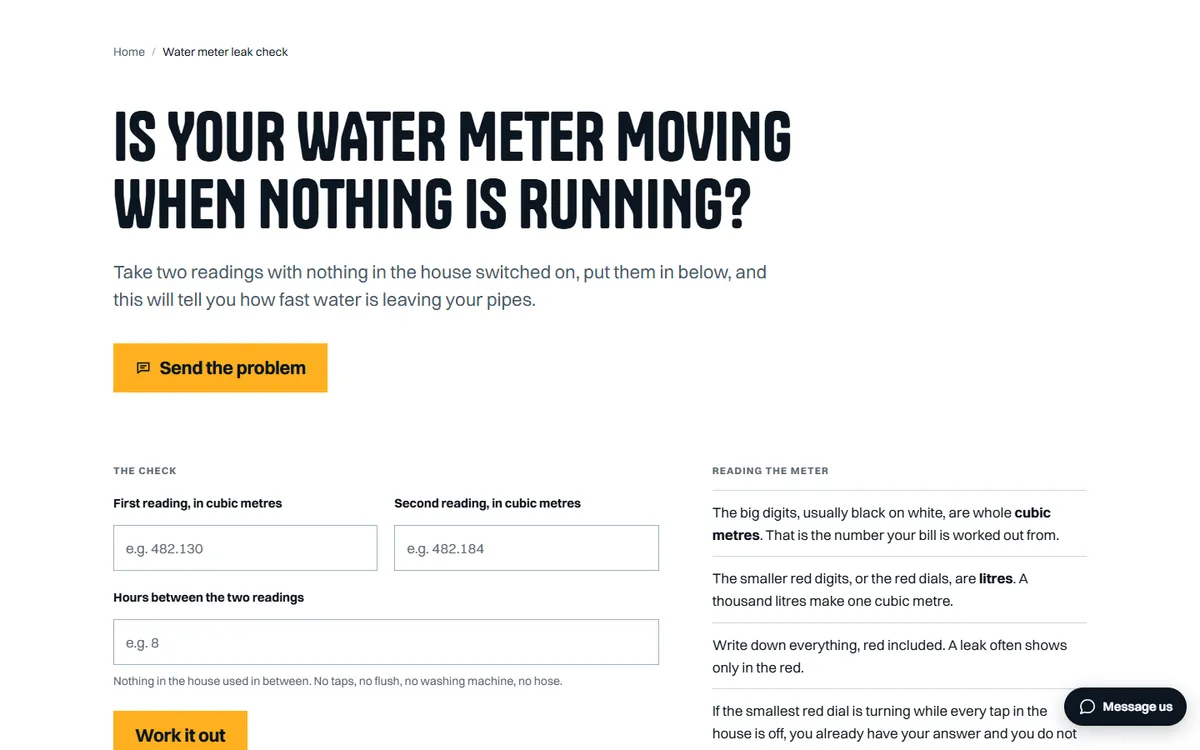 The water meter leak check page: the question Is your water meter moving when nothing is running? in tall capitals, a yellow button, and a form for two meter readings beside notes on reading the meter