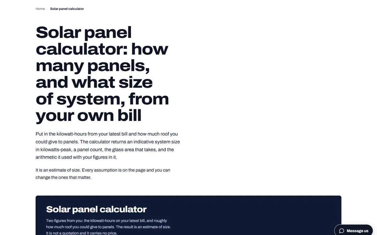 The solar panel calculator page: a large black headline asking how many panels and what size of system, two short paragraphs, and the top of a navy calculator panel