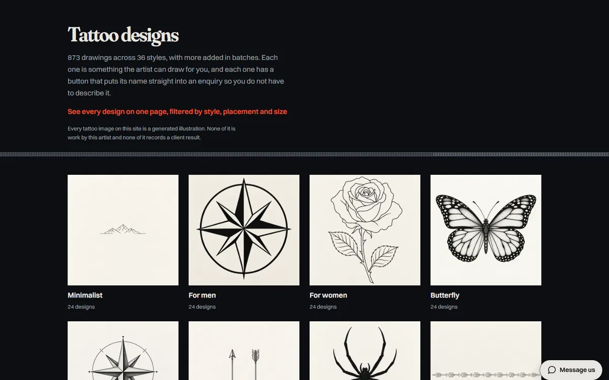 The design library of the tattoo artist’s site: the heading Tattoo designs in white serif type on black, a note that every image is a generated illustration, and a grid of line drawings including a compass, a rose and a butterfly